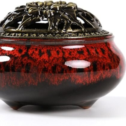 Incense Burner with Calabash Incense Stick Holder - Porcelain Charcoal Censer for Use with Resin Granular Powder Cone or Coil Incense (Fambe Red)