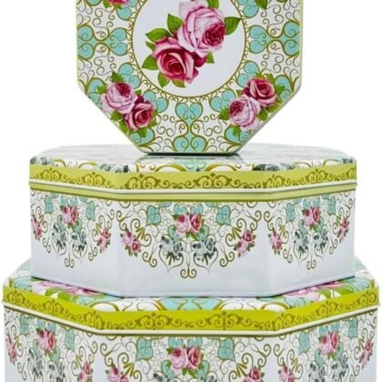 Pack of 3 Octagon Shaped Cookie Tins with Lid, Mother's Day Multipurpose Nesting Storage for Cookies, Candy, Office Supplies, Pink & Green French Gilded Roses Design