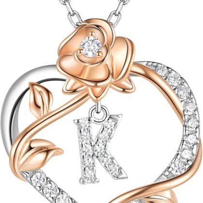 Rose Heart Letter Initial Necklace for Women, S925 Sterling Silver Pendant Necklace Adjustable Dainty Rose Flower Jewelry Gift for Her