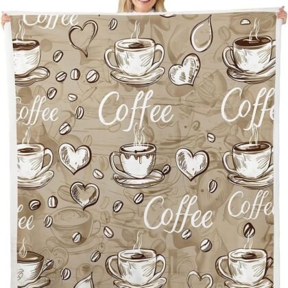 Manfei Coffee Theme Bed Blanket,Coffee Cup Cute Heart Flannel Blanket for Bed Sofa Couch Decor,Brown Sketch Graffiti Fleece Blanket for Kids Sofa Dorm Decor,Throw 50"x60"