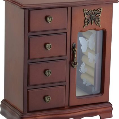 RR ROUND RICH DESIGN Solid Wood Jewelry Box for Women - Vintage Butterfly Glass Door Jewelry Armoire with Mirror, 4 Drawers & Rotating Necklace Carousel Brown