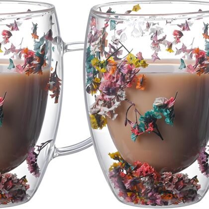 NBHUZEHUA Double Wall Coffee Mugs Set of 2 Insulated Glass Cup Set Newly Wed Engagement Anniversary His and Hers Gifts for Couples