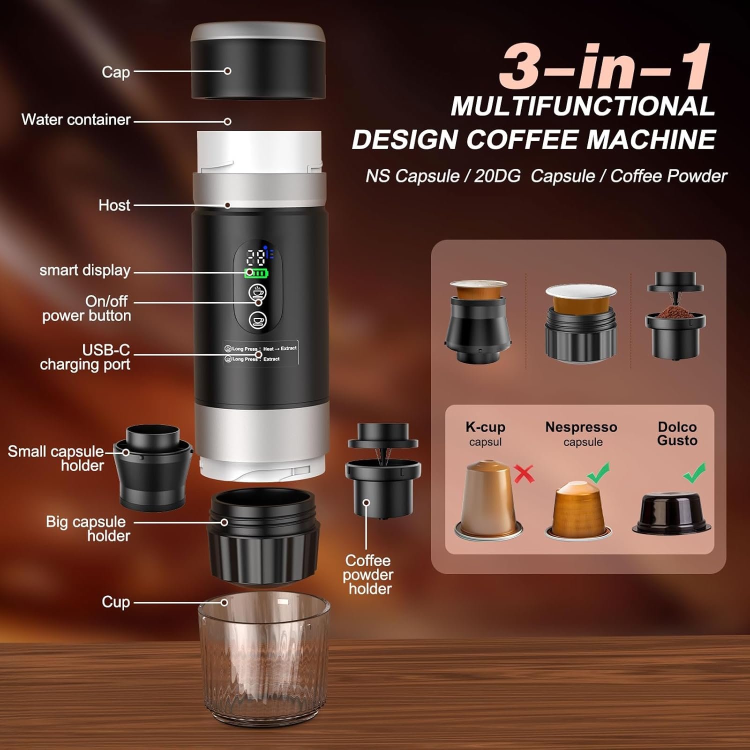 Portable Espresso Machine with Removeable Battery, 20 bar Mini Travel Coffee maker, Expresso Coffee Maker with USB-C,3-in-1 Car Coffee Maker Self-Heating, Ground Coffee & Capsule(Ns&DG) - Image 6