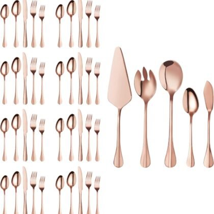 Rose Gold Silverware Flatware Set, HF HOFTEN 45-Piece Stainless Steel Durable Cutlery Serving Set, Service for 8, Modern Elegant Design for Home/Hotel/Restaurant, Mirror Polished & Dishwasher Safe