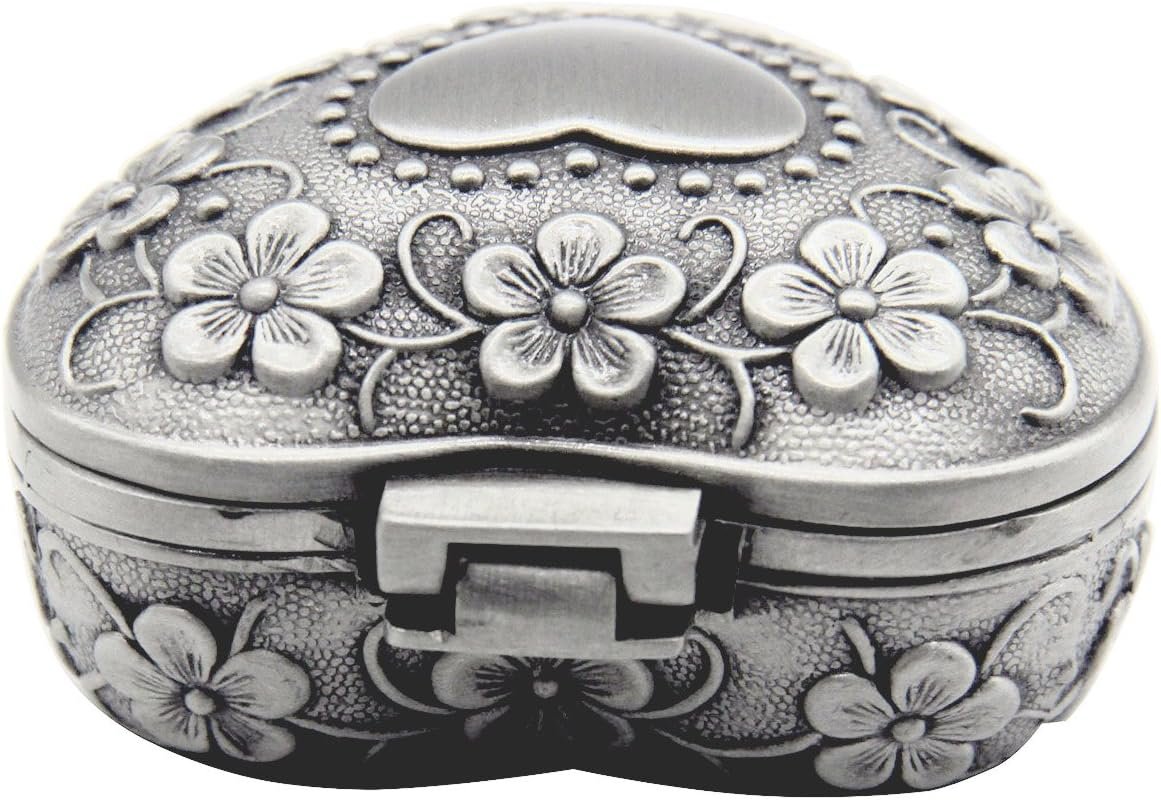 Classic Vintage Antique Heart Shape Jewelry Box Ring Small Trinket Storage Organizer Chest Christmas Gift, Silver - Image 4