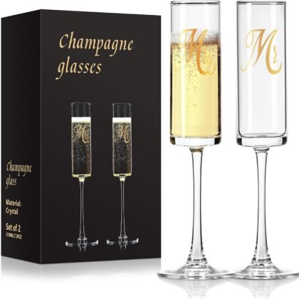 FrutPunch Champagne Glasses,Mr and Mrs Champagne Flutes Set of 2, 7OZ Long-Stemmed Wedding Champagne Flutes, Crystal Glass, Elegant Sparkling Wine Glasses, Perfect for Weddings, Anniversaries