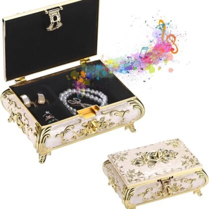 ELLDOO Vintage Music Box, Beige Metal Musical Jewelry Box Keepsake Box, Small Trinket Jewelry Storage Box Gift for Girl Women (Tune: You are My Sunshine), Large