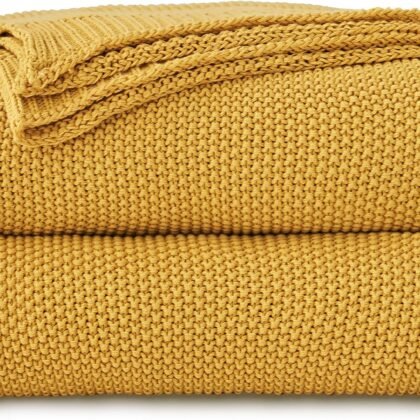 Longhui bedding Mustard Yellow Cotton Cable Knit Throw Blanket for Couch Sofa Bed, Home Decorative Lightweight Knitted Blankets with Bonus Laundering Bag, 60“ x 80”, Machine Washable