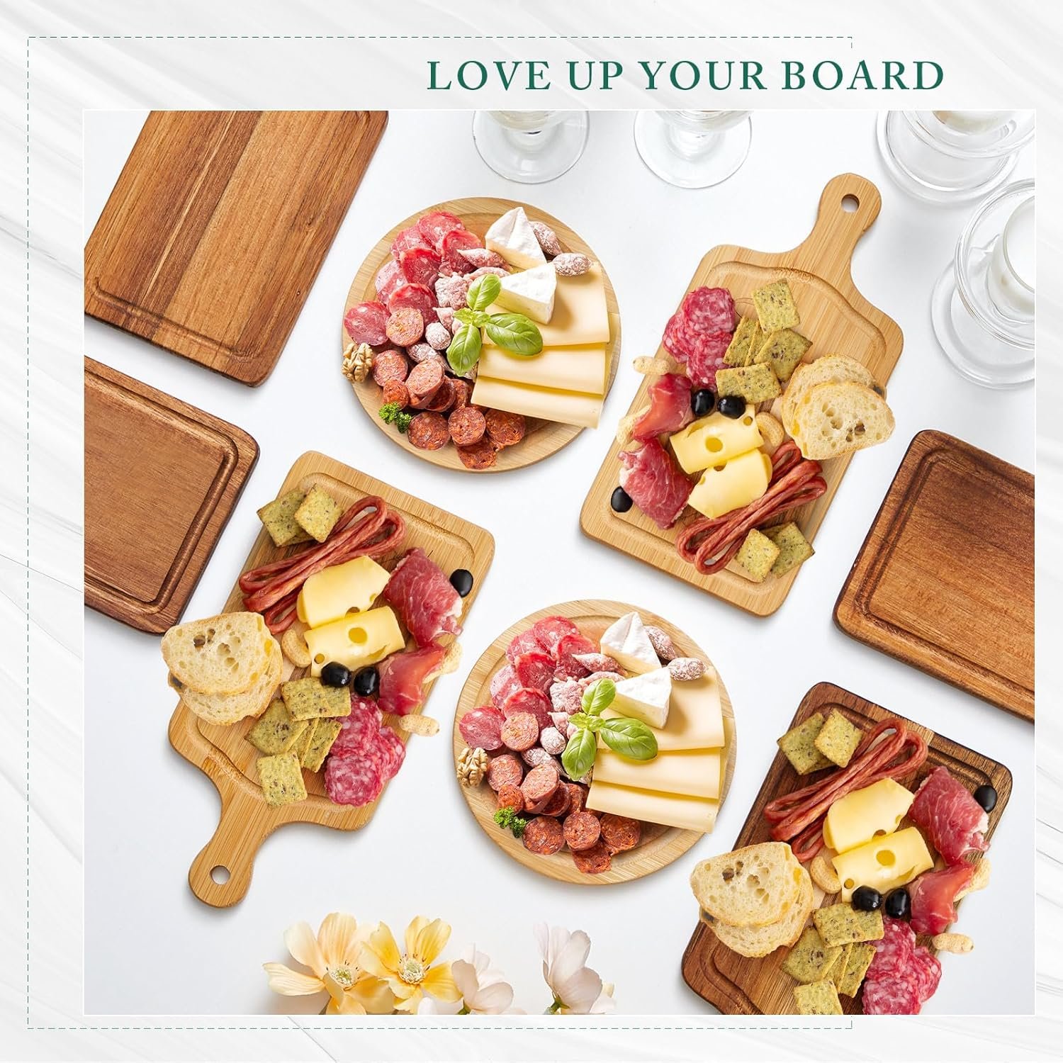 Ziliny 5 Sets Bridal Baby Shower Cheese Prizes Wooden Square Board Gift Set Knives Forks Thank You Tags with Box for Guests for Valentines Bridal Baby Shower Housewarming (Acacia Color) - Image 5