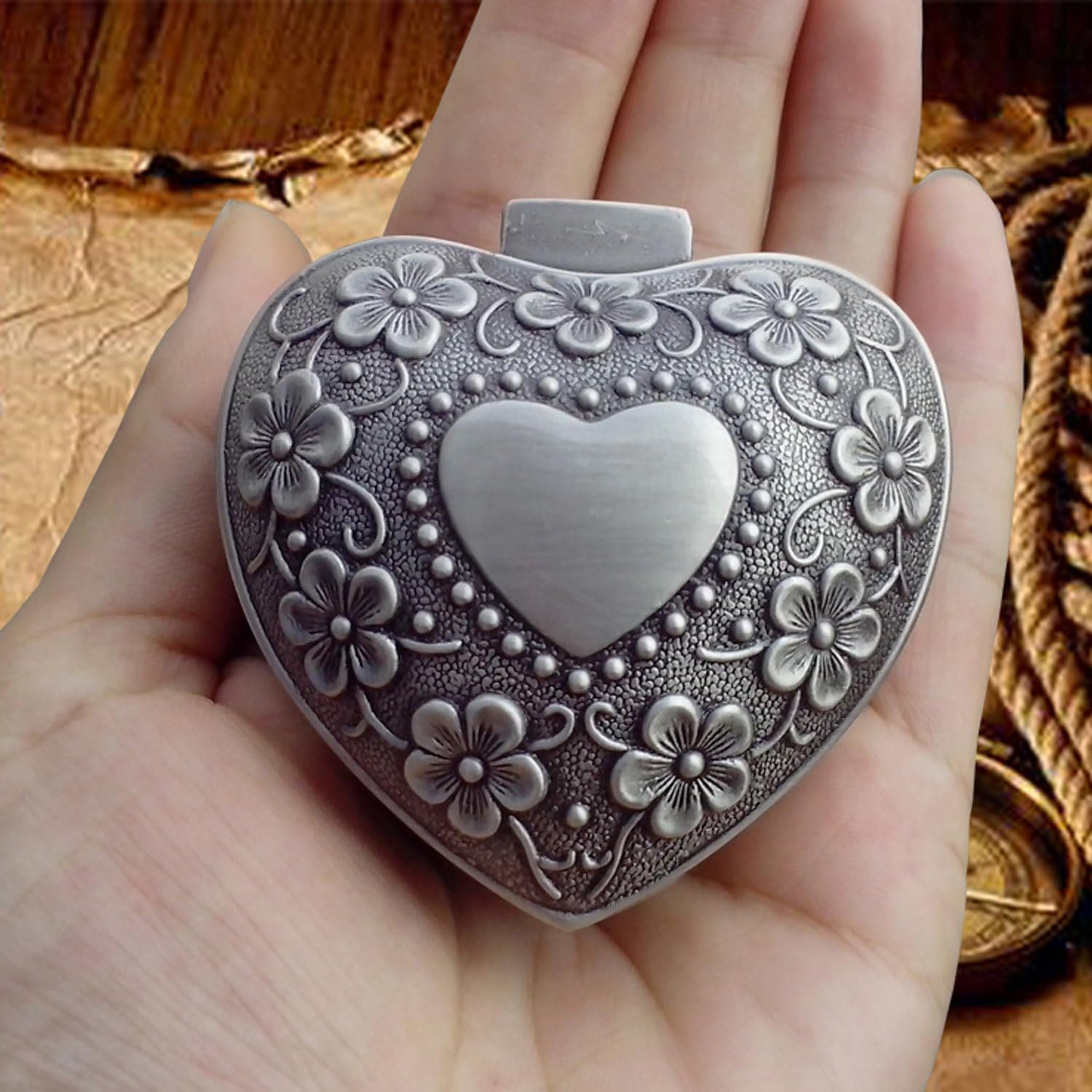 Classic Vintage Antique Heart Shape Jewelry Box Ring Small Trinket Storage Organizer Chest Christmas Gift, Silver - Image 6
