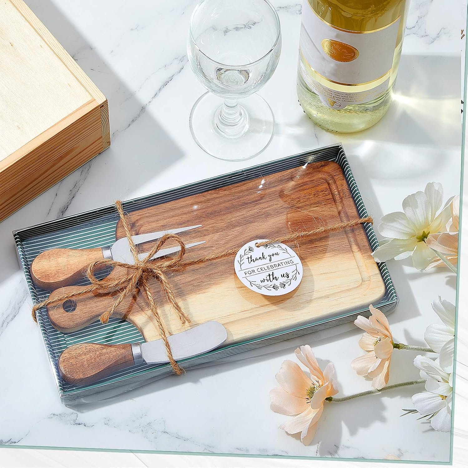 Ziliny 5 Sets Bridal Baby Shower Cheese Prizes Wooden Square Board Gift Set Knives Forks Thank You Tags with Box for Guests for Valentines Bridal Baby Shower Housewarming (Acacia Color) - Image 4