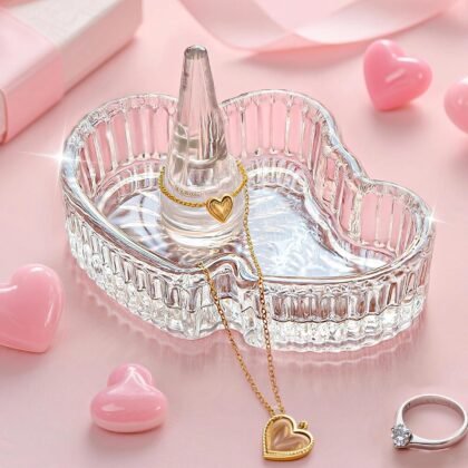 kanpura Double Heart Shape Decorative Ring Tray Crystal Glass Trinket Tray Jewelry Dish Organizing Necklace Earrings Birthday Mother's Day Gifts for Mom Best Friend Sister, Clear