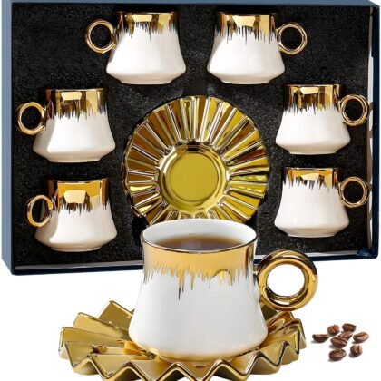 Espresso Cups With Saucer - Small Turkish Coffee Cups Set of 6 with Gold Trim and Gift Box, 3oz Ceramic Mini Cups for Turkish&Arabic Coffee, Cappuccino, Latte, Tea, Double Espresso, Dishwasher Safe