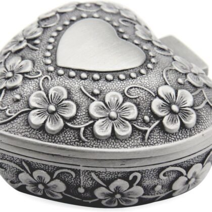Classic Vintage Antique Heart Shape Jewelry Box Ring Small Trinket Storage Organizer Chest Christmas Gift, Silver