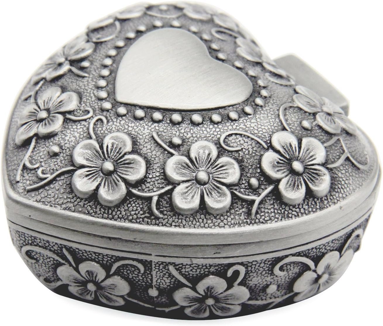Classic Vintage Antique Heart Shape Jewelry Box Ring Small Trinket Storage Organizer Chest Christmas Gift, Silver