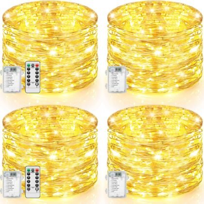 Lakumu 4-Pack 132FT 400LED Fairy Lights, Battery Operated String Lights with Timer & Remote, 8 Modes, Waterproof Twinkle Lights for Indoor Outdoor Bedroom Wedding Decor, Warm White(33FTx4)
