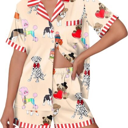 Ekouaer Womens Silk Satin Pajamas Set Animals Print Pjs Button Down Short Sleeve Lounge Set 2 Piece Sleepwear
