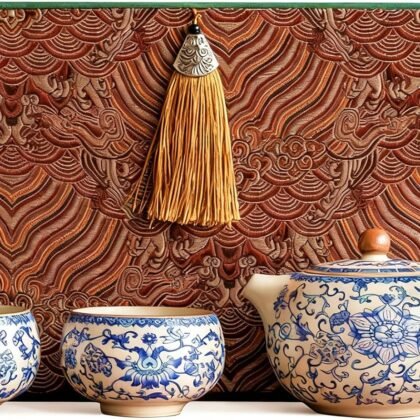 Floral Tea Pot & Tea Cup Set, Classic Blue and White Porcelain, Ice Crack Glaze, Chinese Kungfu Teapot and Teacups Set, Gift Box Packaging