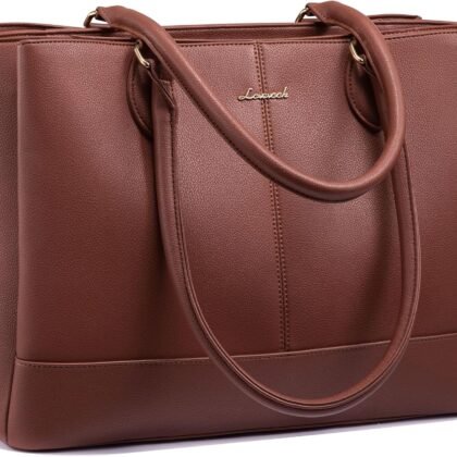 LOVEVOOK Laptop Tote Bag for Women, PU Leather Work Tote Bag with 3 Compartments, Waterproof Computer Bag for Office Travel