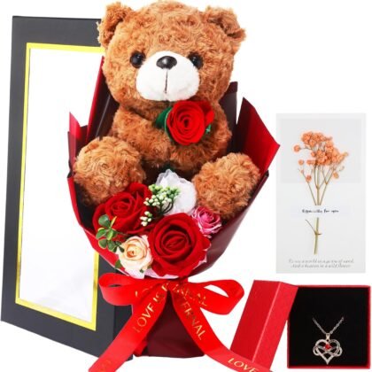 Bear Flower Bouquet for Women 15in Rose Plush Bear Box Artificial Bouquet Necklace and Card for Graduation Anniversary Mother's Day Girlfriend Gifts(Red,Rose)