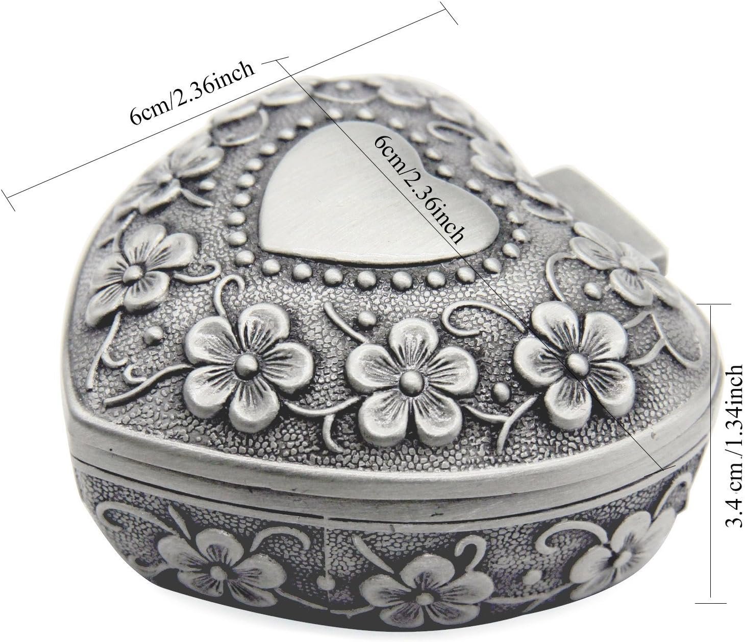 Classic Vintage Antique Heart Shape Jewelry Box Ring Small Trinket Storage Organizer Chest Christmas Gift, Silver - Image 3