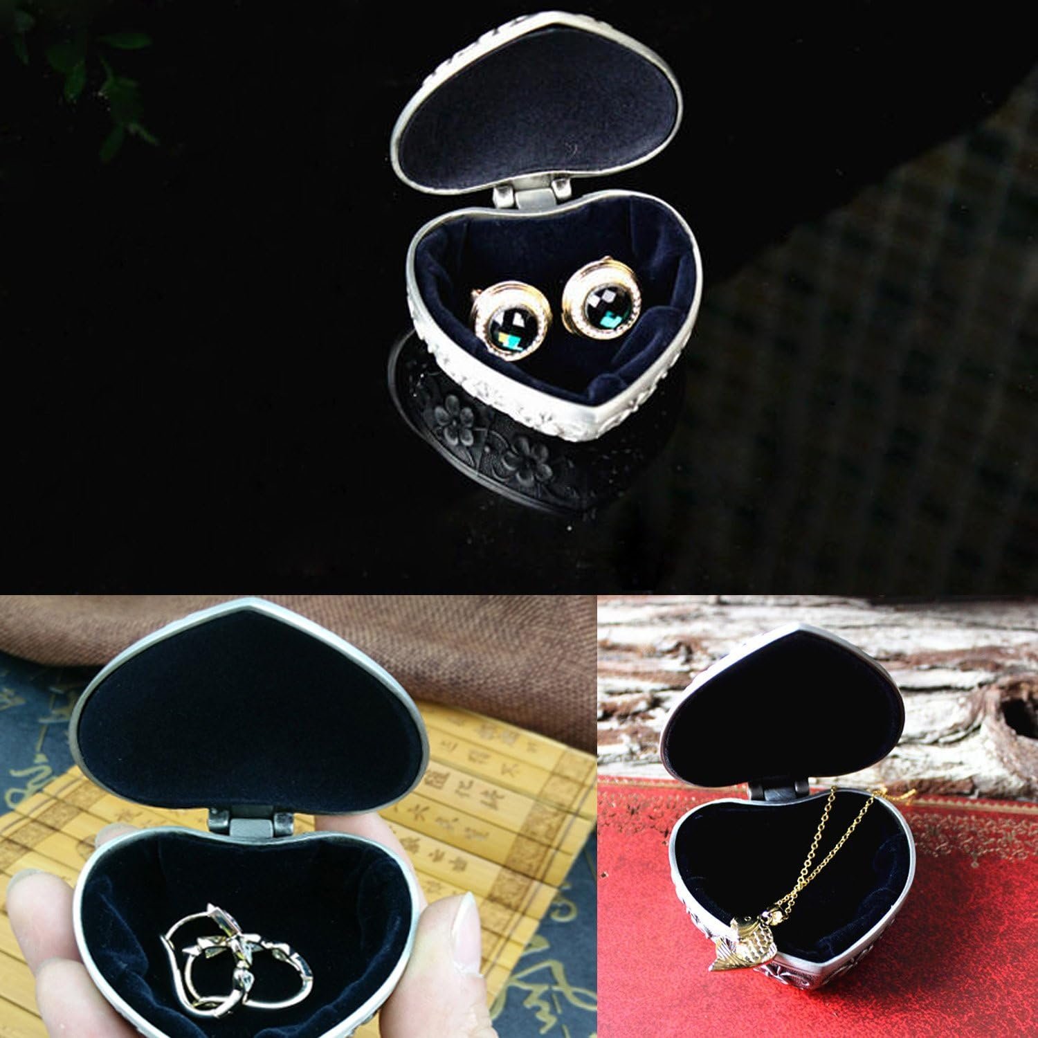 Classic Vintage Antique Heart Shape Jewelry Box Ring Small Trinket Storage Organizer Chest Christmas Gift, Silver - Image 7