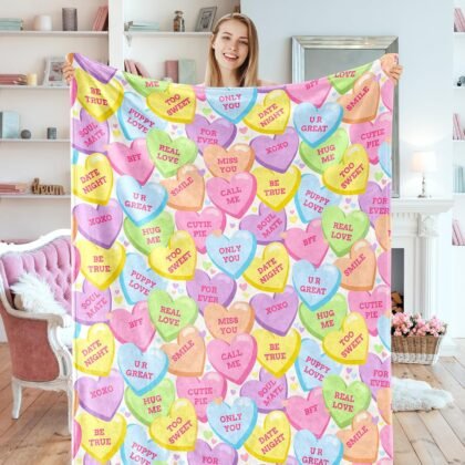 JarThenaAMCS Valentine's Day Fuzzy Blanket Conversation Candy Heart Throw Blanket Colorful Cozy Flannel Blanket for Home Bed Sofa Couch Chair, 50 x 60 Inch