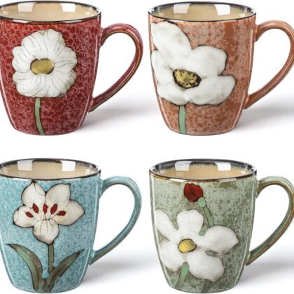Maxdot 4 Pcs 12oz Ceramic Coffee Mugs Sets Glazing Process Cappuccino Mug Floral Ceramic Tea Cups Mother's Day Idea Gift for Women Mom Porcelain Cup for Coffee, Cocoa, Tea, Latte (Classic)