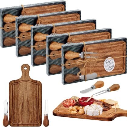 Ziliny 5 Sets Bridal Baby Shower Cheese Prizes Wooden Square Board Gift Set Knives Forks Thank You Tags with Box for Guests for Valentines Bridal Baby Shower Housewarming (Acacia Color)