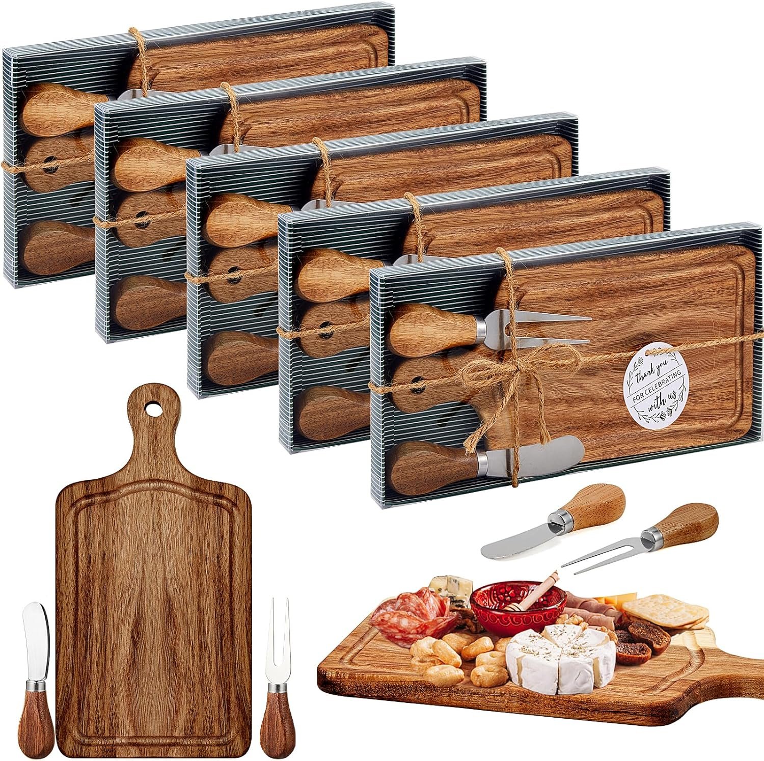 Ziliny 5 Sets Bridal Baby Shower Cheese Prizes Wooden Square Board Gift Set Knives Forks Thank You Tags with Box for Guests for Valentines Bridal Baby Shower Housewarming (Acacia Color)