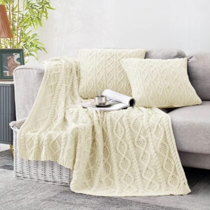 Homiest Cable Knit Throw Blanket & Pillow Set, Cream White Set of 3, Knitted Blanket (50"x60") & 2 Pillow Covers (18"x18"), Soft & Cozy Decorative Set for Couch, Bed, Sofa